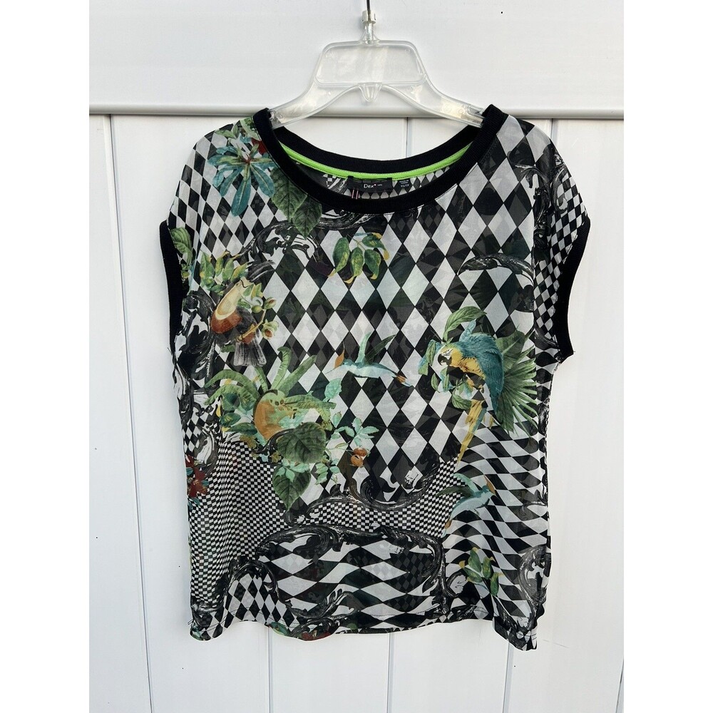 DEX Womens Abstract Multipattern Top Cap Sleeve Sheer Sz XS